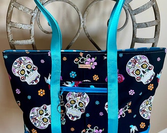 TTS39 - Glitter Sugar Skull Blue Tote Bag