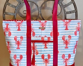 TTS19 Red Lobster and Light Blue Stripes Canvas Tote Bag|Market BagTote