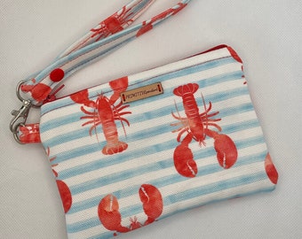 WL004B Red Lobsters and Light Blue Stripes Wristlet