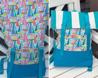 BBP003 Beach Pastel Sailboats with Teal Stripe Backpack