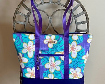 TTS55 - Title: Hawaiian Plumeria Lavendar Tote Bag|Floral Print with Palm Leaves