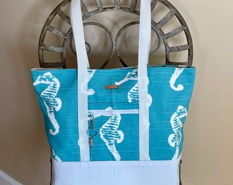 TB0057-Title: White Seahorse Tote Bag with Sea Blue Background