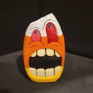 Holiday Hand Carved Hand Made Wooden Halloween Decoration Monstrous Candy Corn with Bite