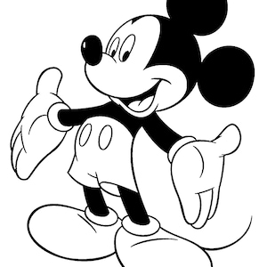 May include: Black and white cartoon illustration of Mickey Mouse. Mickey Mouse is smiling with his arms outstretched. He is wearing white gloves, shorts, and shoes. His ears are large and round.