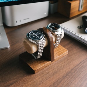 Two Watch Stand in Walnut Wood and Bedside Adjustable Jewelry Holder Made in USA | Dresser Wristwatch Storage Fathers Day Gift | Timestand M
