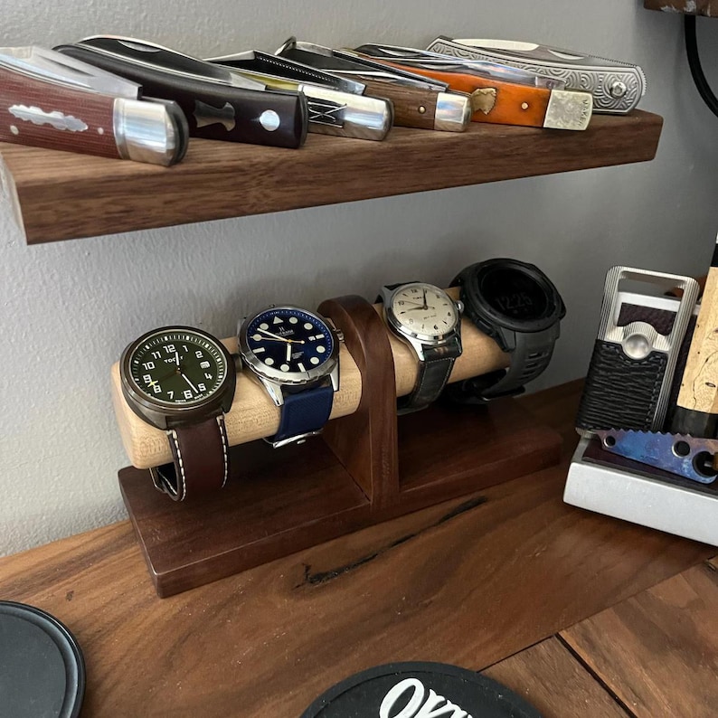 Walnut Watch Stand: Handmade 4 Watch Display, Personalized Gift, Bedside Jewelry Holder, Timestand L image 9
