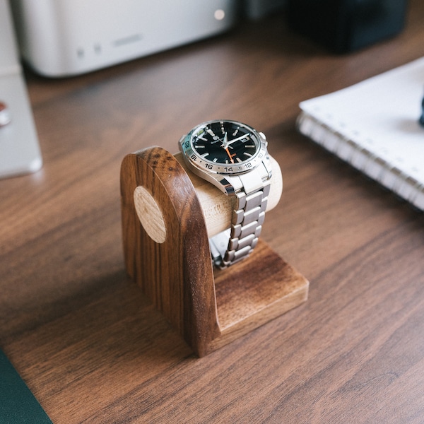 Walnut Watch Stand: Single Watch Display, Personalized Gift, Minimalist Bedside holder, Timestand S
