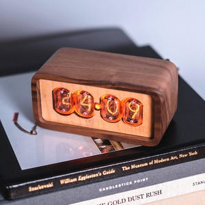 Nixie Tube Clock: Walnut & Maple, Retro Modern Desk Clock, Made in USA