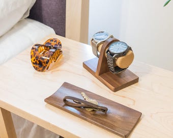 Walnut Organizer Set: Handmade Watch Stand & Valet Tray, Personalized Office Gift, The Intentional Desk Set