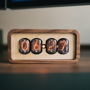 Nixie Tube Clock IN 12 Tubes Made in USA in Walnut and Maple, Modern Design, Retro Table Office Clock and Fathers Day Gift