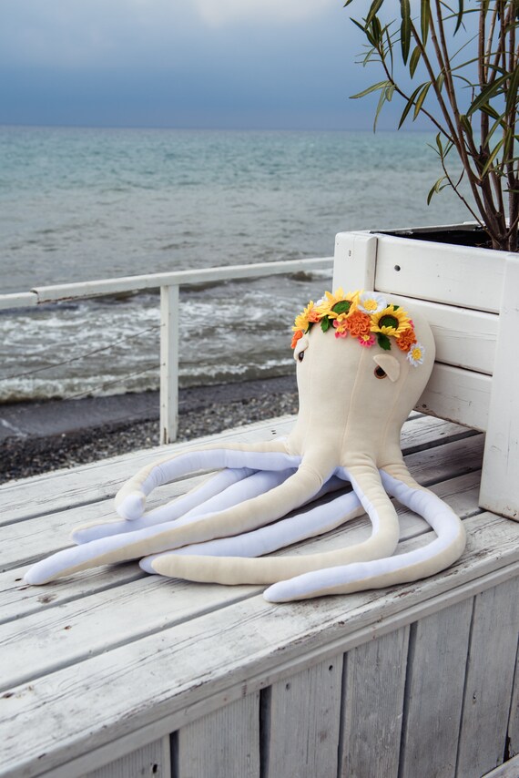 White Plush Octopus with Felt Flowers image