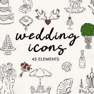 Illustrations d'icônes de mariage dessinées à la main, clipart de griffonnages de mariage, faire-part de papeterie de mariage, icônes Save the Date, clipart de dessin d'hôtel