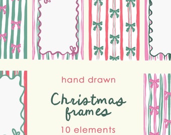 Può includere: Cornici natalizie disegnate a mano in vari design. L'immagine presenta sfondi a righe verdi e rosse, adornati da fiocchi rosa. Alcune cornici hanno bordi smerlati. Il testo recita "Christmas frames, 10 elements, PNG (300 DPI)".