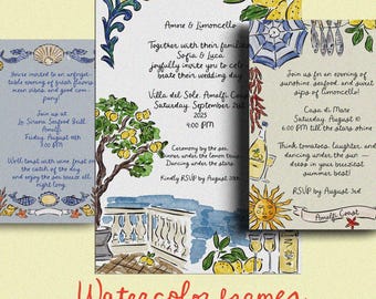 Handgezeichnete Aquarell Borders Clipart für Einladung, italienische Sommer Aquarell Rahmen, Probe-Abendessen-Menü und Einladungen, italienische Party