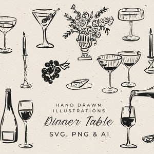 Op de afbeelding: Zwart-witte handgetekende illustraties van verschillende tafelartikelen, waaronder wijnglazen, champagneflutes, kandelaars, druiven, een fles wijn, een stuk kaas en een schijfje citroen. De tekst "Hand Drawn Illustrations Dinner Table SVG, PNG & AI" is ook inbegrepen.