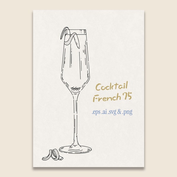 French 75 Cocktail Drawing Illustration in SVG, Cocktail Wall Art Print, Champagne Cocktail Drawing, Cocktail Artwork, Digital Download