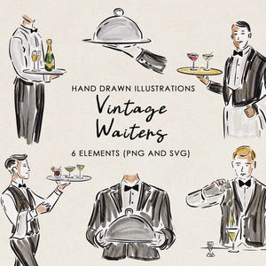 Ilustrações em aquarela desenhadas à mão de garçons e bartenders, clipart para coquetéis, ilustrações para eventos em restaurantes, cardápios de bar para casamentos
