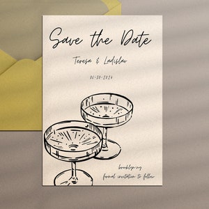 Tarjeta de copas de boda de champán, invitación para guardar la fecha, plantilla de Canva, ilustraciones dibujadas a mano de copas de champán, menú del bar de bodas