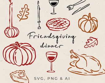 Handgezeichnete Friendsgiving Dinner Illustrationen im skurrilen Stil, Thanksgiving Freunde Einladung Clipart, Food Illustration im Skurrilen Stil