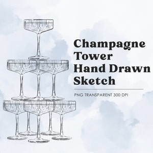 Hand Drawn Champagne Tower Illustration in PNG, Wedding Menu and Invitation Sketch, Wedding Bar menu Print,  Champagne Flutes Wedding