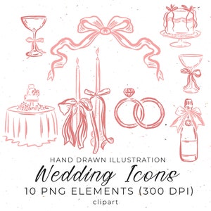 May include: A set of 10 hand-drawn wedding icons in pink. The icons include a cake, champagne bottle, rings, candles, a table with a cake, and glasses. The icons are perfect for wedding invitations, stationery, and other wedding-related projects.