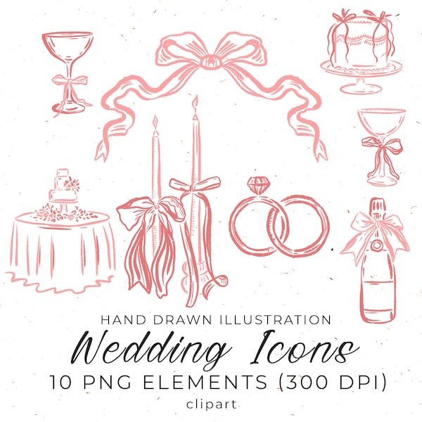 Hand Drawn Wedding Icons in Pink Color, Wedding Clipart in PNG, Wedding Party Timeline, Illustration of Champagne and Glasses, Edit in Canva