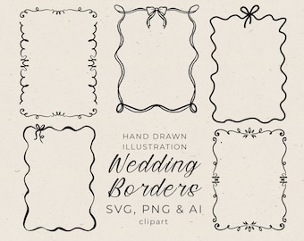 Hand Drawn Wedding Frame Clipart in SVG, Wavy Border with Bow in PNG, Whimsical Wedding Invitation Editable in Canva, Quirky Frames
