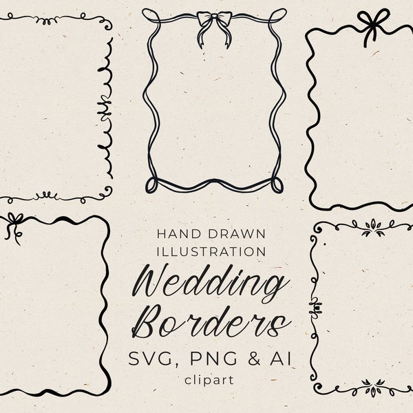 Hand Drawn Wedding Frame Clipart in SVG, Wavy Border with Bow in PNG, Whimsical Wedding Invitation Editable in Canva, Quirky Frames