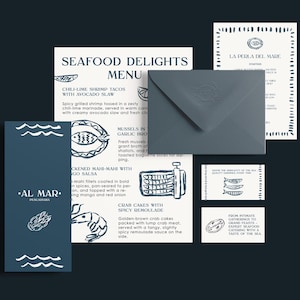 May include: A blue and white menu for a seafood restaurant called "Al Mar." The menu features a variety of seafood dishes, including chili-lime shrimp tacos, mussels in garlic broth, and crab cakes with spicy remoulade. The menu also includes a logo for the restaurant, which features a stylized image of a fish.