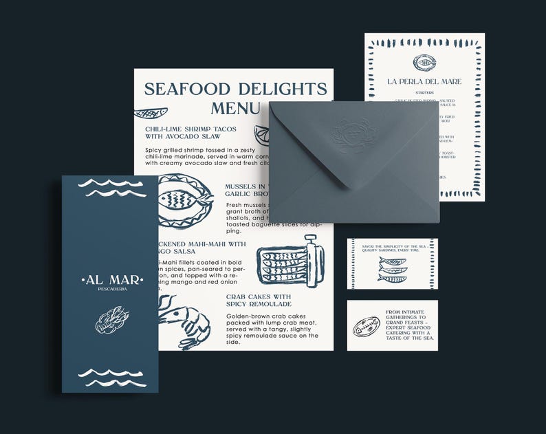 May include: A blue and white menu for a seafood restaurant called "Al Mar." The menu features a variety of seafood dishes, including chili-lime shrimp tacos, mussels in garlic broth, and crab cakes with spicy remoulade. The menu also includes a logo for the restaurant, which features a stylized image of a fish.