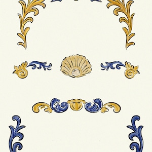 May include: Watercolor illustrations of ornaments in gold and blue, including seashell and floral designs. The word "ornaments" is written at the top. The designs are on a cream-colored background.