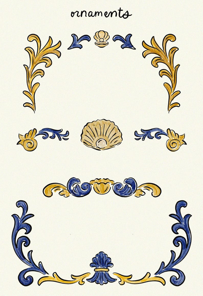 May include: Watercolor illustrations of ornaments in gold and blue, including seashell and floral designs. The word "ornaments" is written at the top. The designs are on a cream-colored background.