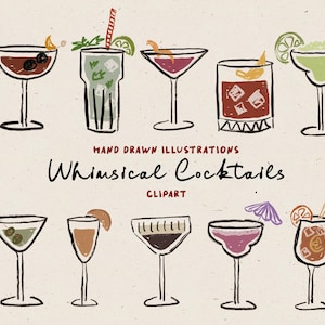 Dibujos de cócteles hechos a mano en un estilo caprichoso, íconos de cenas de ensayo, ilustraciones para invitaciones a fiestas, gráficos de menús de bares