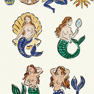 May include: Watercolor illustrations of various mythological figures. Includes a blue and yellow vase, a seashell, an angel, a sun, and several mermaids with green and blue tails. The mermaids are depicted in different poses.