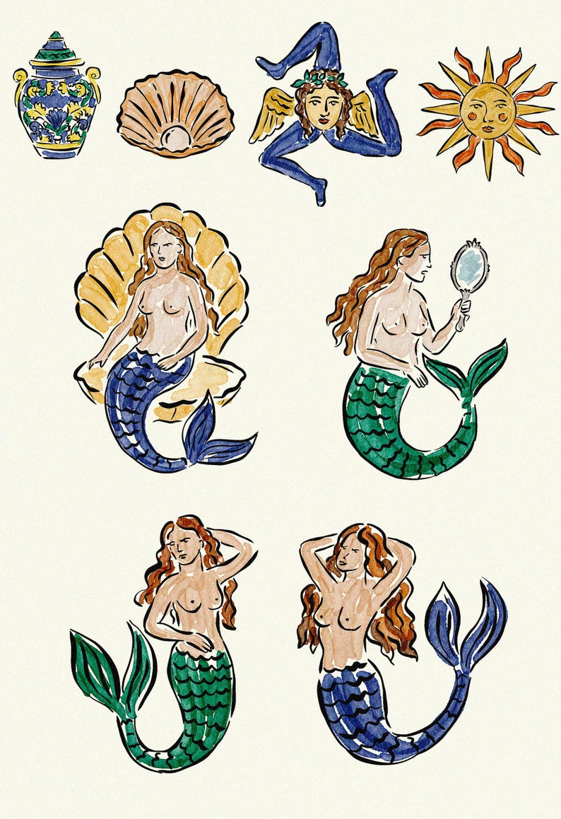 May include: Watercolor illustrations of various mythological figures. Includes a blue and yellow vase, a seashell, an angel, a sun, and several mermaids with green and blue tails. The mermaids are depicted in different poses.