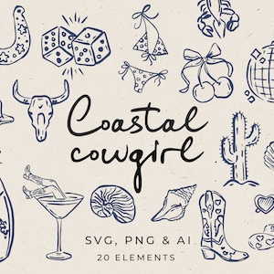 Cowgirl Coastal Bachelorette Clipart, Hand Drawn Whimsical Doodle Illustration, Hen Invite Template, Western Beach Party in SVG