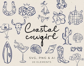 Cowgirl Küsten Bachelorette Clipart, Handgezeichnete wunderliche Gekritzel Illustration, Henne einladen Vorlage, Western Strandparty in SVG
