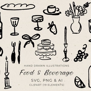 Handgezeichnete Abendessen-Hochzeitsmenü-Cliparts, Hochzeits-Doodle-Illustrationen im skurrilen Stil, skurriles französisches romantisches Menü, Proben-Dinner-Symbole