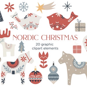 Scandinavian Christmas Clipart, Nordic Hygge Clipart, Scandinavian folk ornament, Christmas decor clipart, Swedish horse and bird