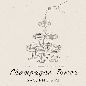 Biglietto di auguri per matrimonio con torre di champagne in SVG, disegno a mano della piramide di champagne PNG, illustrazione di arte lineare, invito Save The Date, stampabile per San Valentino