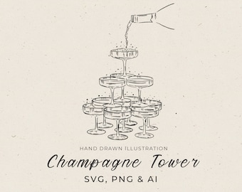 Wedding Champagne Tower Card in SVG, Hand Draw Champagne Pyramid PNG, Line Art Illustration, Save The Date Invitation, Valentine Printable