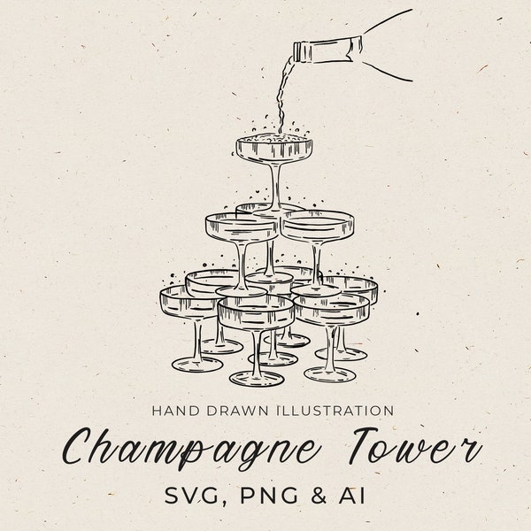 Wedding Champagne Tower Card in SVG, Hand Draw Champagne Pyramid PNG, Line Art Illustration, Save The Date Invitation, Valentine Printable