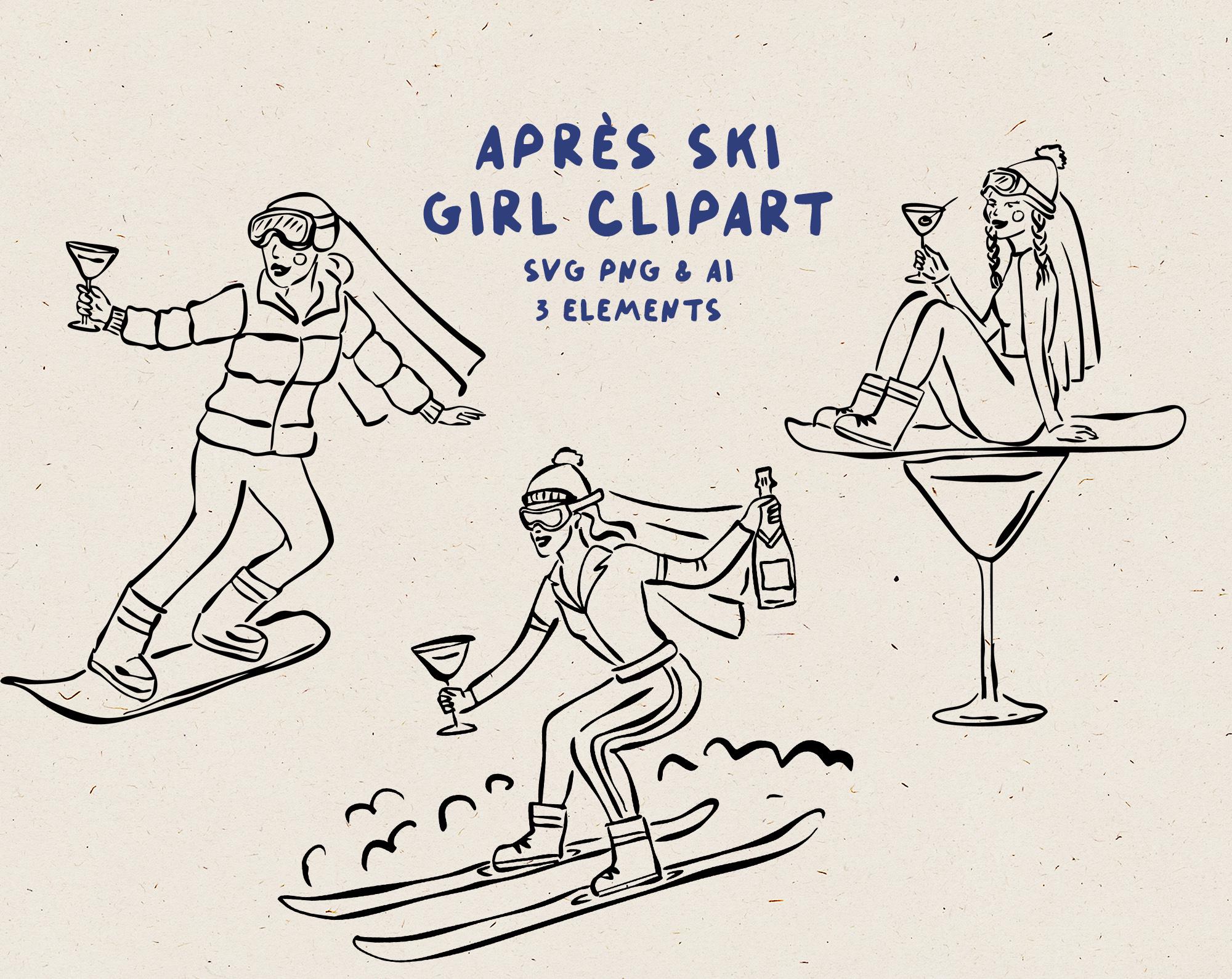 Handgezeichnete Illustration Apres Ski Bachelorette Clipart in SVG, Ski Martini Illustration in SVG, Winterurlaub Cocktailparty