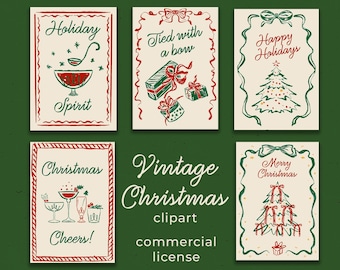 Hand Drawn Vintage Christmas Clipart in SVG format, Whimsical Christmas Illustration for Invitation Cards,  Retro New Year Icons