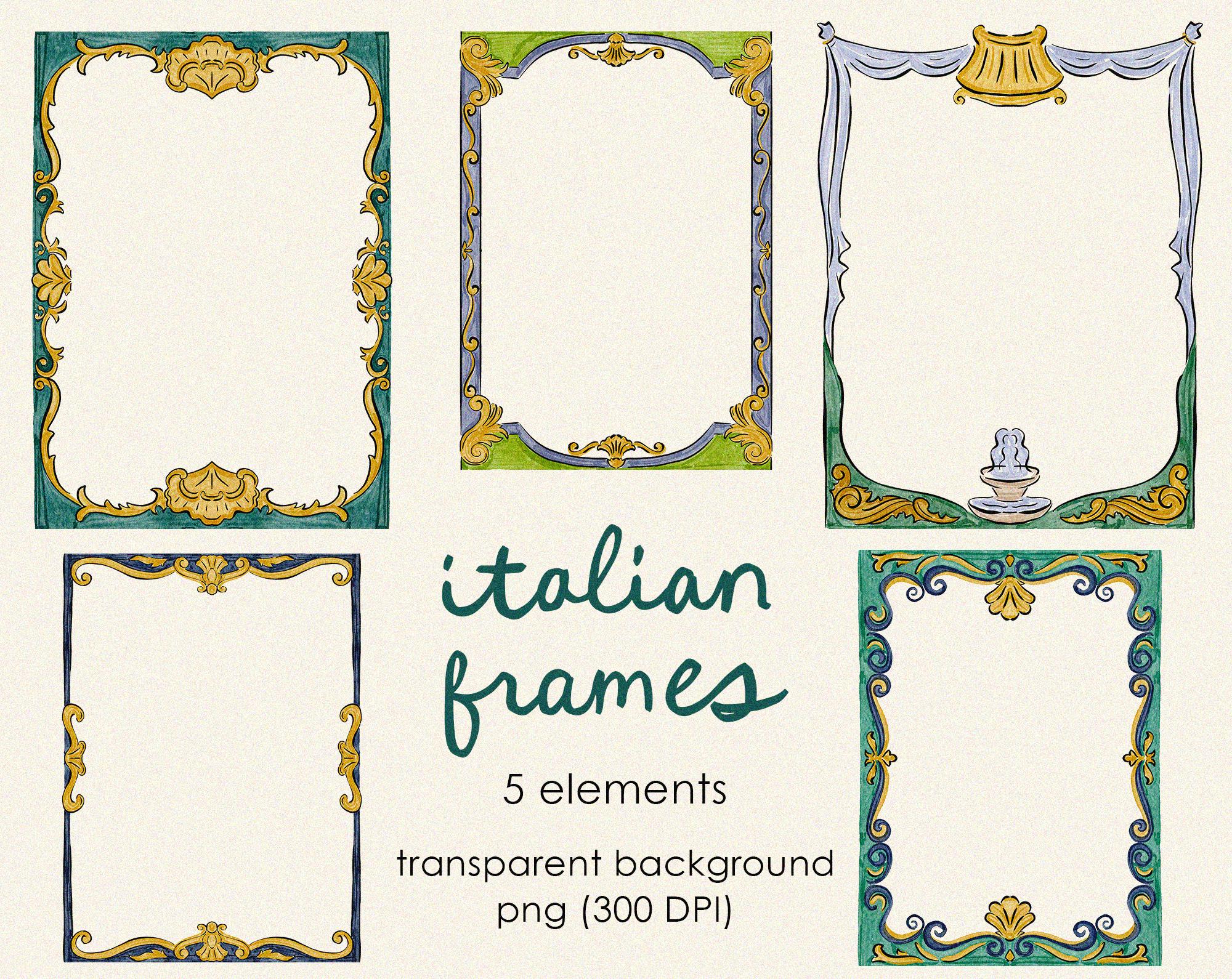 Italienische Hochzeit Aquarell Rahmen Clipart, Italienische Sommer Bordüren für Hochzeitseinladungen, Hochzeitsmenü Clipart, Mediterrane Italienische Rahmen
