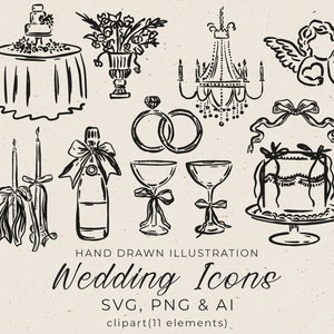 Ícones de casamento desenhados à mão em SVG, ilustrações de casamento clipart editáveis em Canva, linha do tempo da festa de casamento em estilo caprichoso, cartão de convite