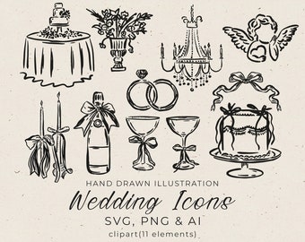 Hand Drawn Wedding Icons in SVG, Wedding Illustrations Clipart Editable in Canva, Wedding Party Timeline in Whimsical Style, Invitation Card