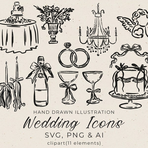 Hand Drawn Wedding Icons in SVG, Wedding Illustrations Clipart Editable in Canva, Wedding Party Timeline in Whimsical Style, Invitation Card