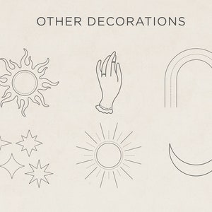 K&ouml;nnte beinhalten: Eine Reihe von Schwarzwei&szlig;-Zeichnungen mit verschiedenen himmlischen und naturinspirierten Designs. Die Designs beinhalten eine Sonne, einen Mond, Sterne, einen Regenbogen und eine Hand mit einem Ring.