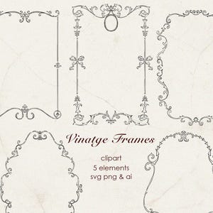 Op de afbeelding: Een verzameling van vijf zwarte vintage frame ontwerpen met ingewikkelde krullen en decoratieve details. De frames hebben verschillende vormen, waaronder rechthoekig, ovaal en gebogen. De tekst "Vintage Frames", "clipart" en bestandsinfo zijn zichtbaar.